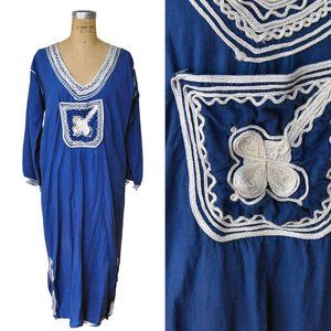 Vintage Blue White Cotton Embroidered Caftan